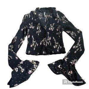 Free People floral polka for collared button down shirt with bell sleeves